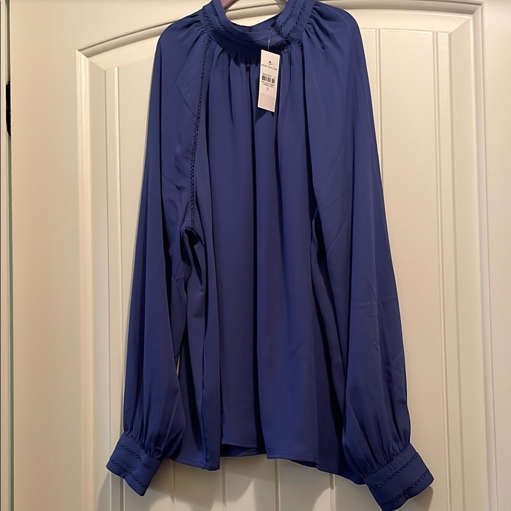 Ann Taylor Blue Pleated Blouse with Mandarin Collar